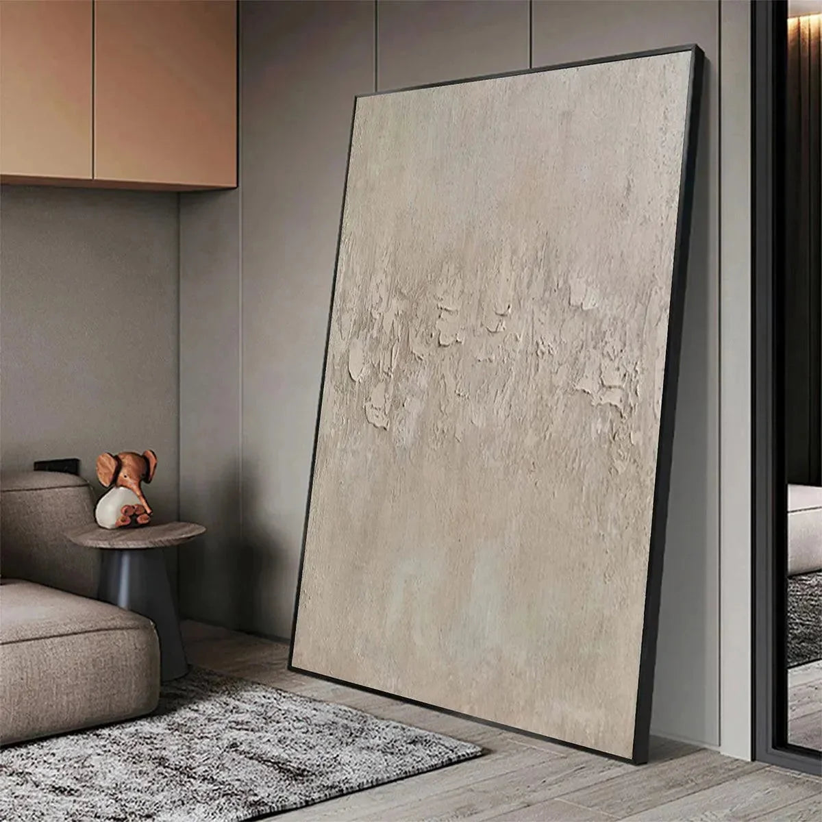 TEXTURED BEIGE ABSTRACT: Minimalist Textured Painting, Square Wall Art | gold frame stretched on neutral wall