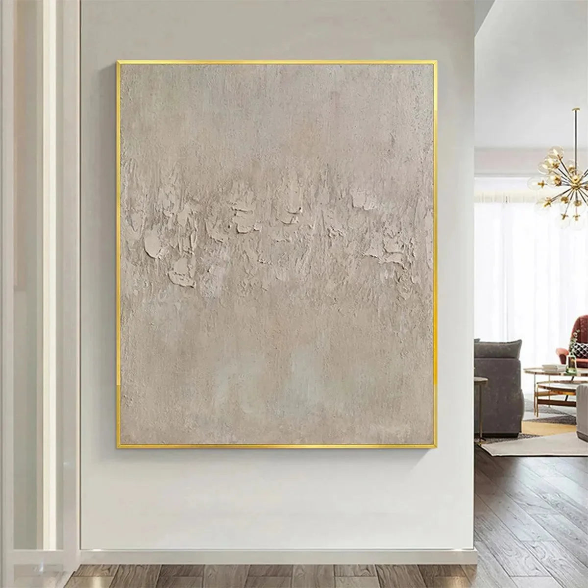 TEXTURED BEIGE ABSTRACT: Minimalist Textured Painting, Square Wall Art | black frame version on white wall