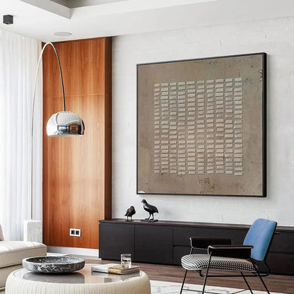 TEXTURED BEIGE GRID: Minimalist Textured Painting | gold frame stretched on neutral wall
