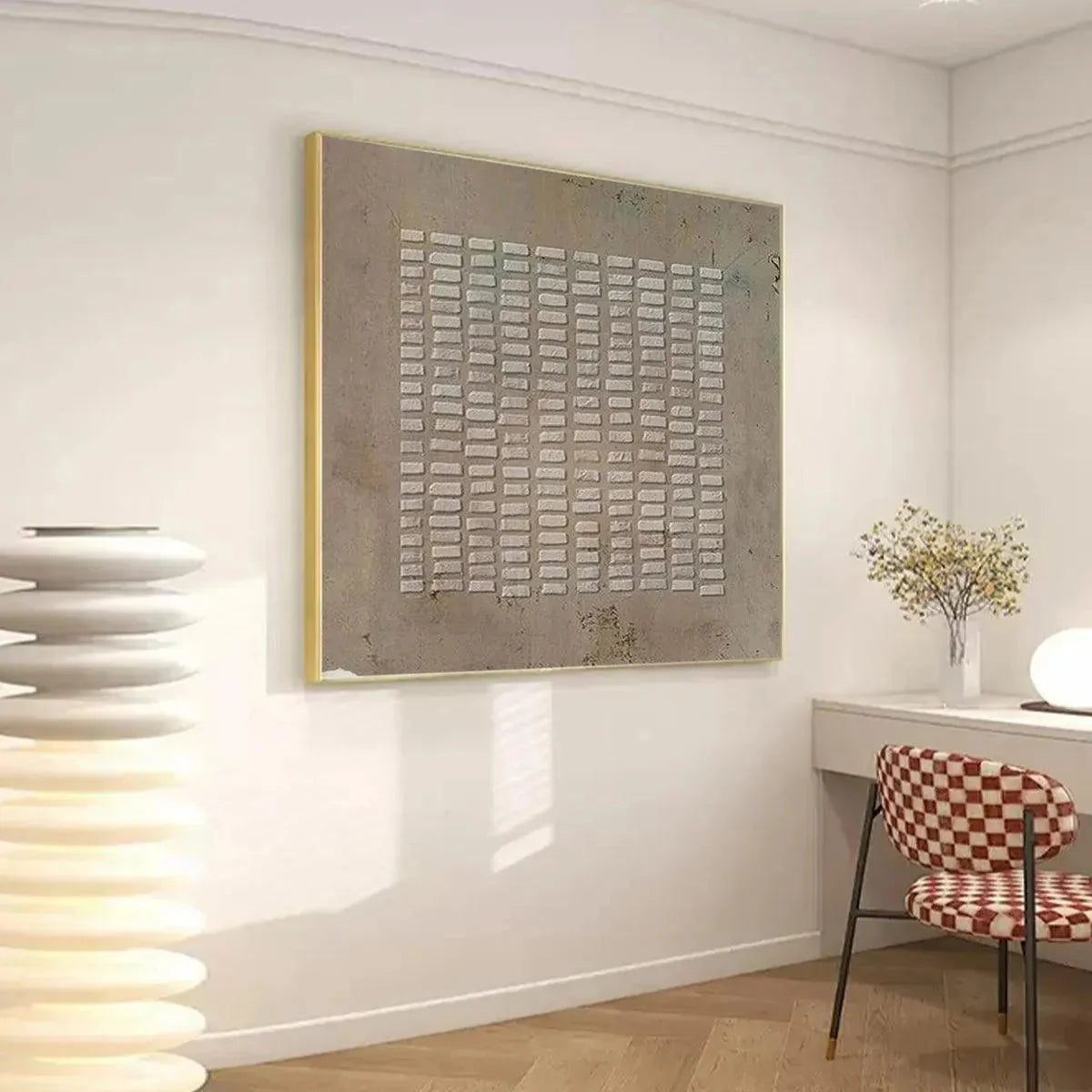TEXTURED BEIGE GRID: Minimalist Textured Painting | black frame version on white wall