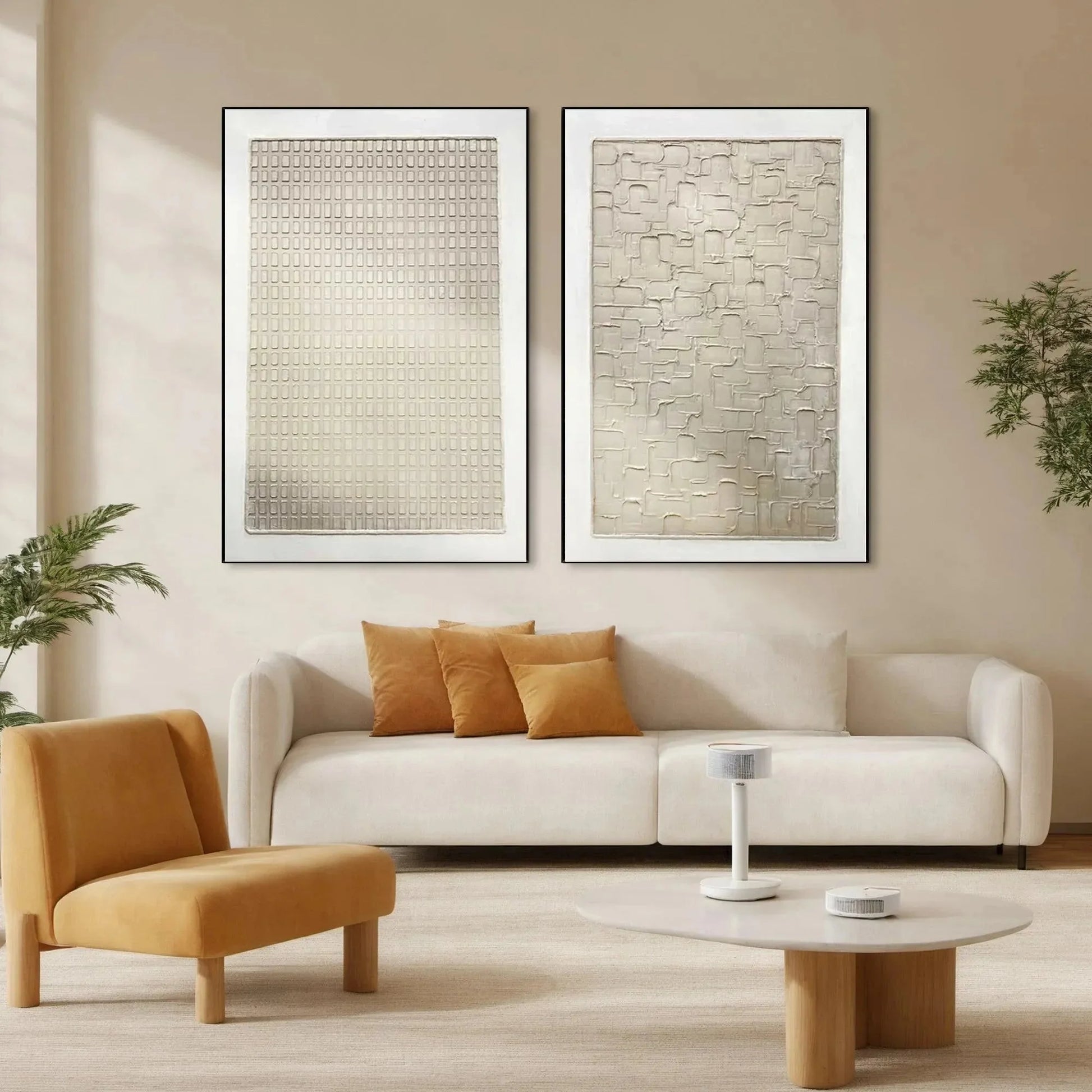 TEXTURED BEIGE GRID SET: Minimalist Textured Painting Set of 2 | Minimalist closeup, raised brushwork detail