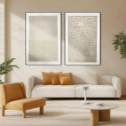 TEXTURED BEIGE GRID SET: Minimalist Textured Painting Set of 2 | Minimalist closeup, raised brushwork detail
