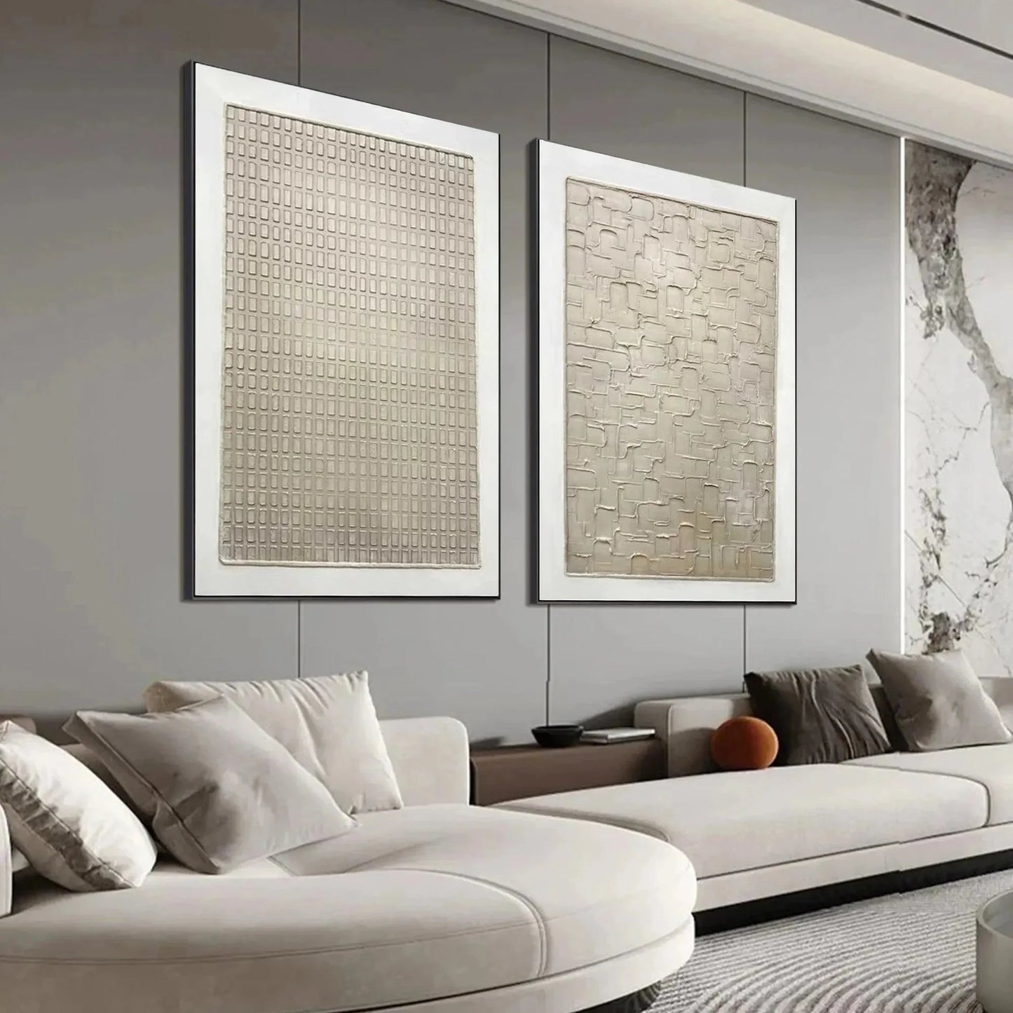 TEXTURED BEIGE GRID SET: Minimalist Textured Painting Set of 2 | gold frame stretched on neutral wall