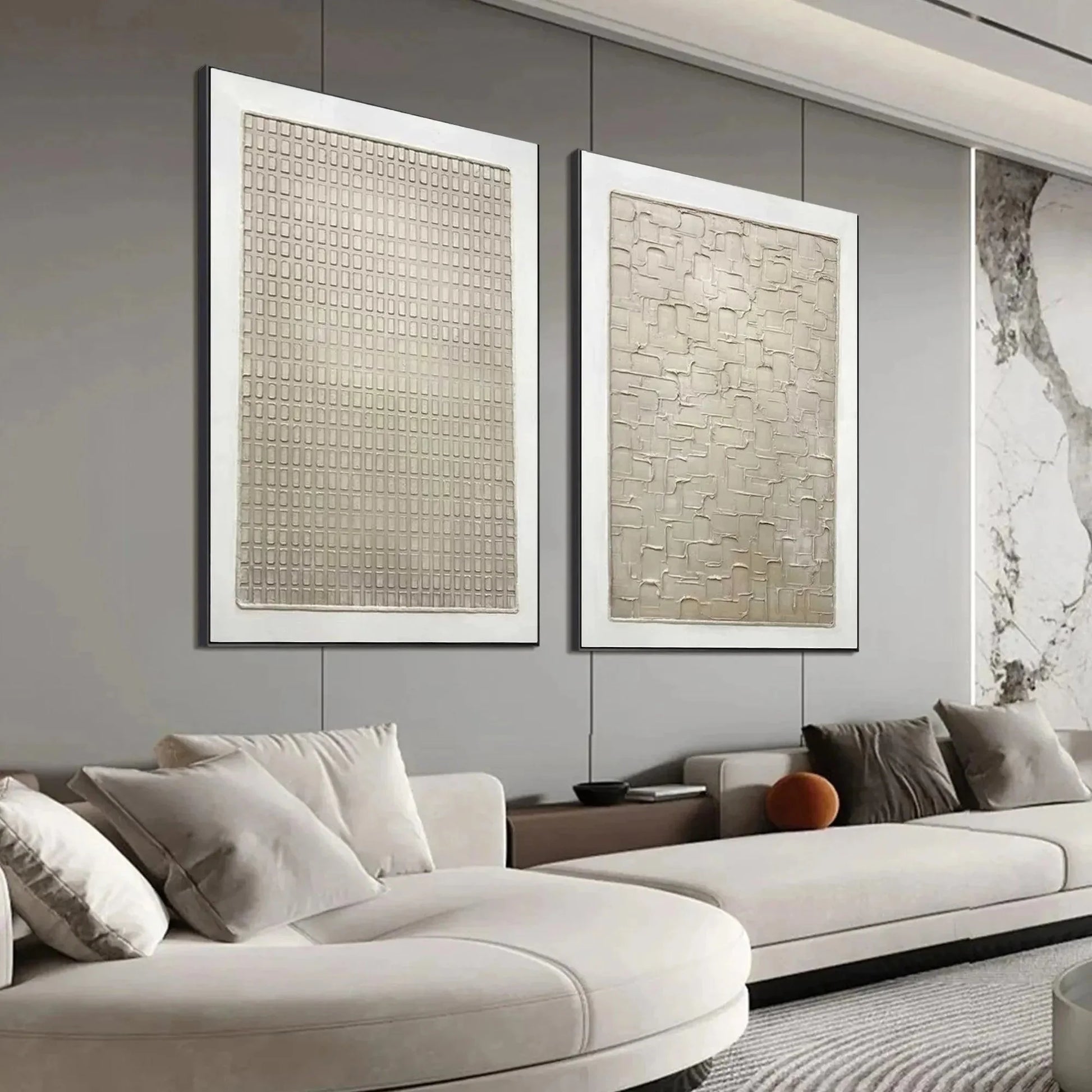 TEXTURED BEIGE GRID SET: Minimalist Textured Painting Set of 2 | gold frame stretched on neutral wall