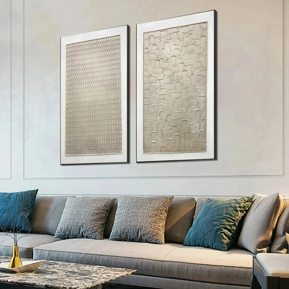 TEXTURED BEIGE GRID SET: Minimalist Textured Painting Set of 2 | rolled canvas, ready for custom framing