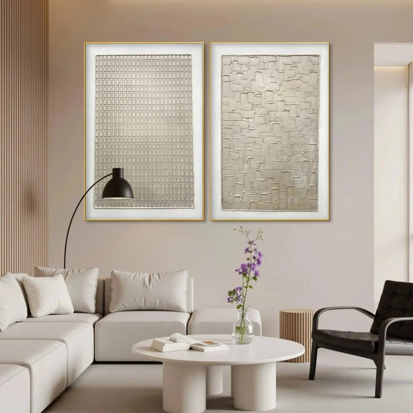 TEXTURED BEIGE GRID SET: Minimalist Textured Painting Set of 2 | Minimalist mood, soft natural light studio shot