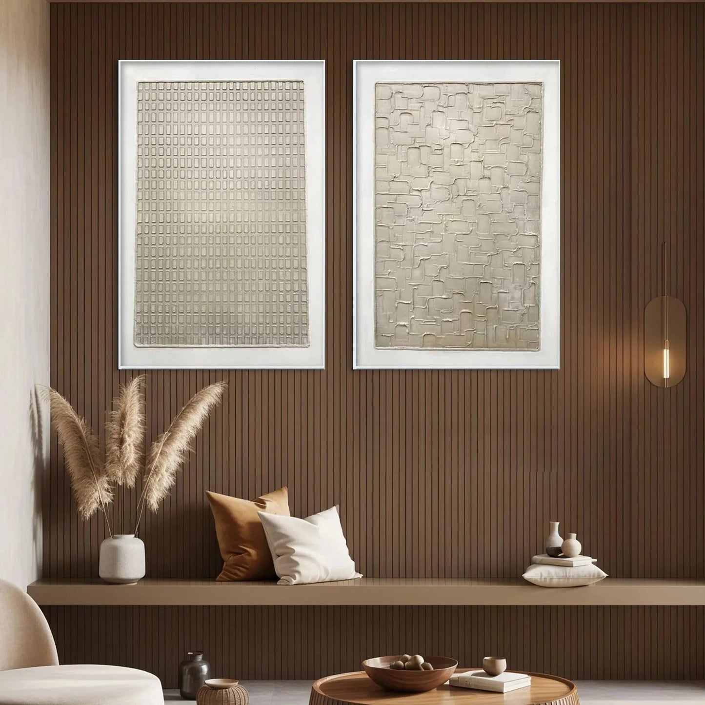 TEXTURED BEIGE GRID SET: Minimalist Textured Painting Set of 2 | beige palette, original oil on stretched canvas art