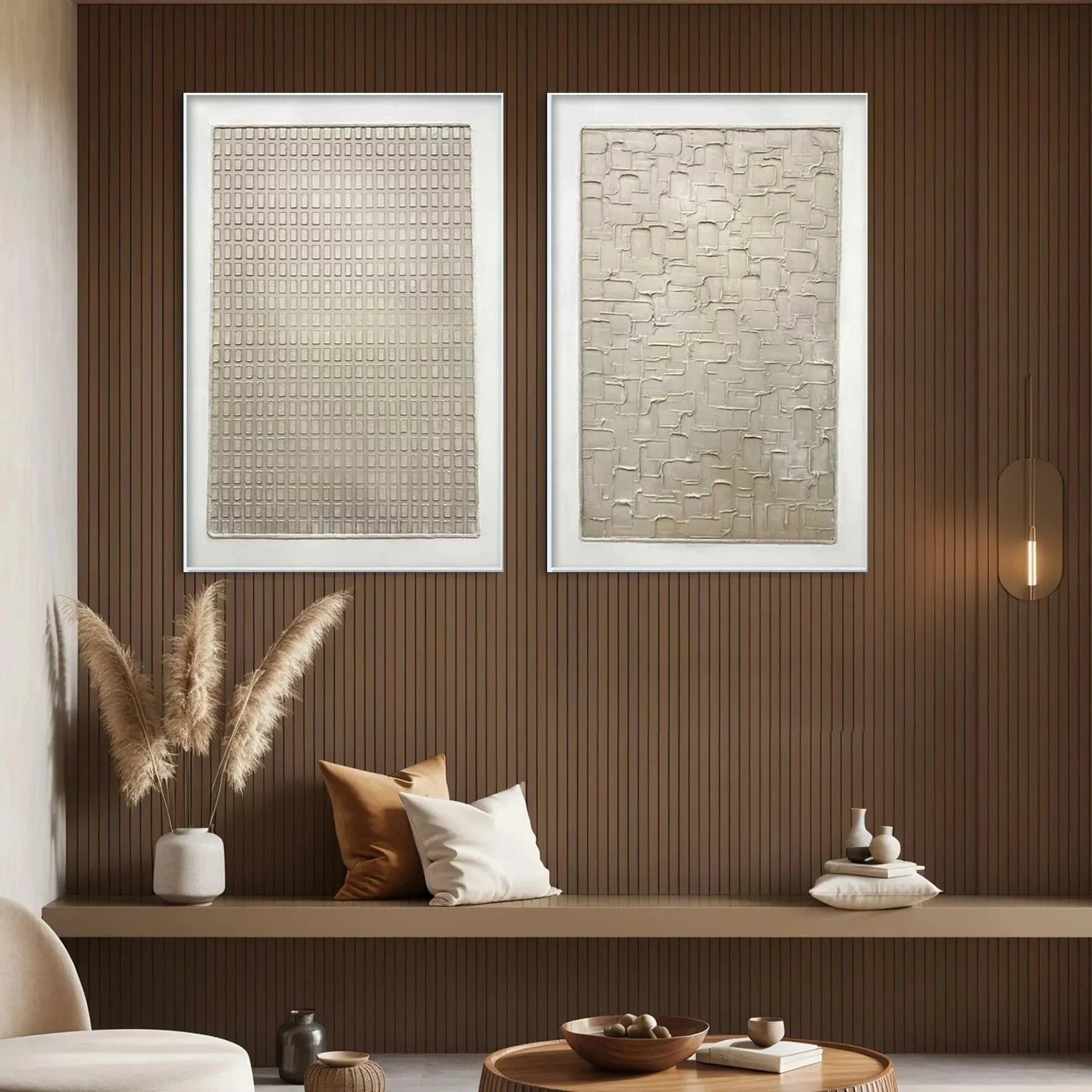 TEXTURED BEIGE GRID SET: Minimalist Textured Painting Set of 2 | beige palette, original oil on stretched canvas art