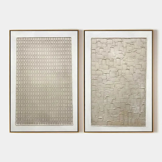TEXTURED BEIGE GRID SET: Minimalist Textured Painting Set of 2 | hanging in living room, Minimalist wall art