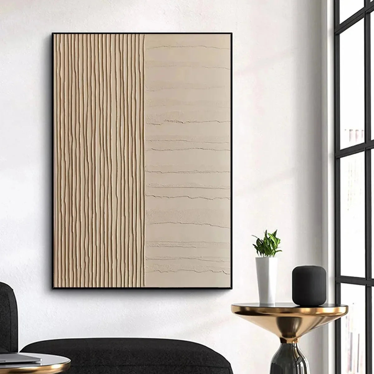 TEXTURED BEIGE LINES: Minimalist Textured Painting | gold frame stretched on neutral wall