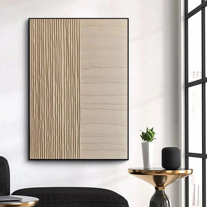 TEXTURED BEIGE LINES: Minimalist Textured Painting | gold frame stretched on neutral wall