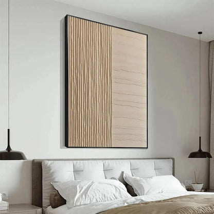 TEXTURED BEIGE LINES: Minimalist Textured Painting | black frame version on white wall