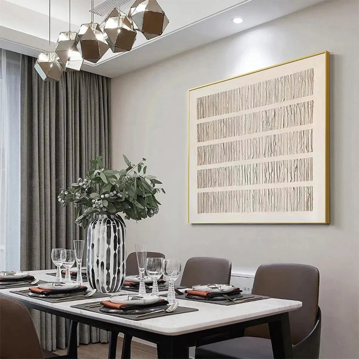 TEXTURED BEIGE: Minimalist Textured Painting | gold frame stretched on neutral wall