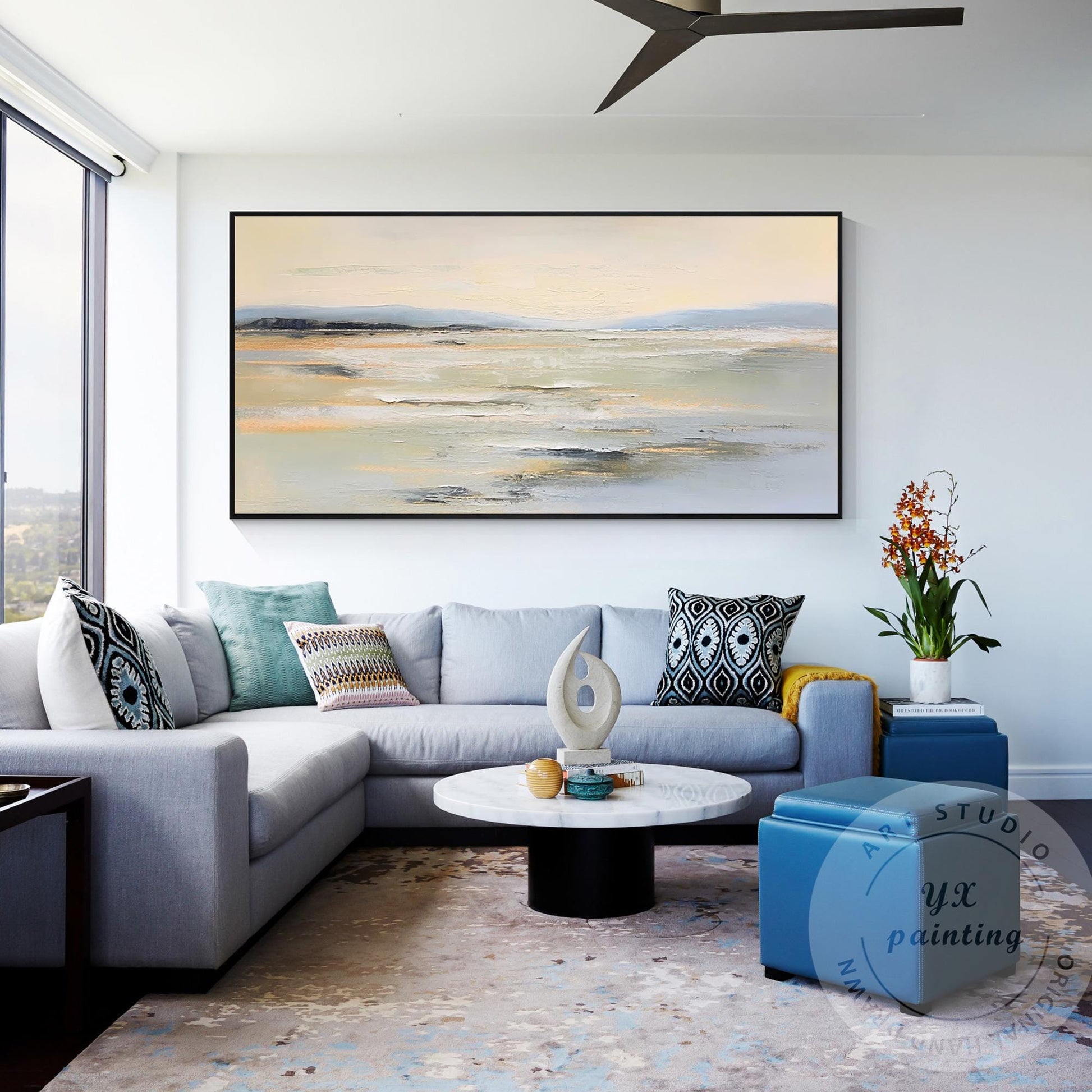 Textured Beige Seascape Painting, Abstract Coastal Canvas Art #5