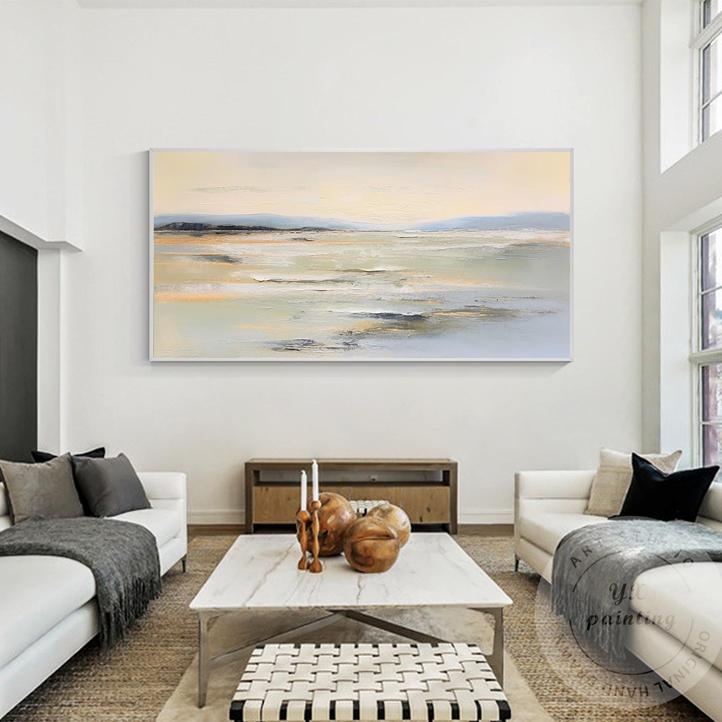 Textured Beige Seascape Painting, Abstract Coastal Canvas Art #1