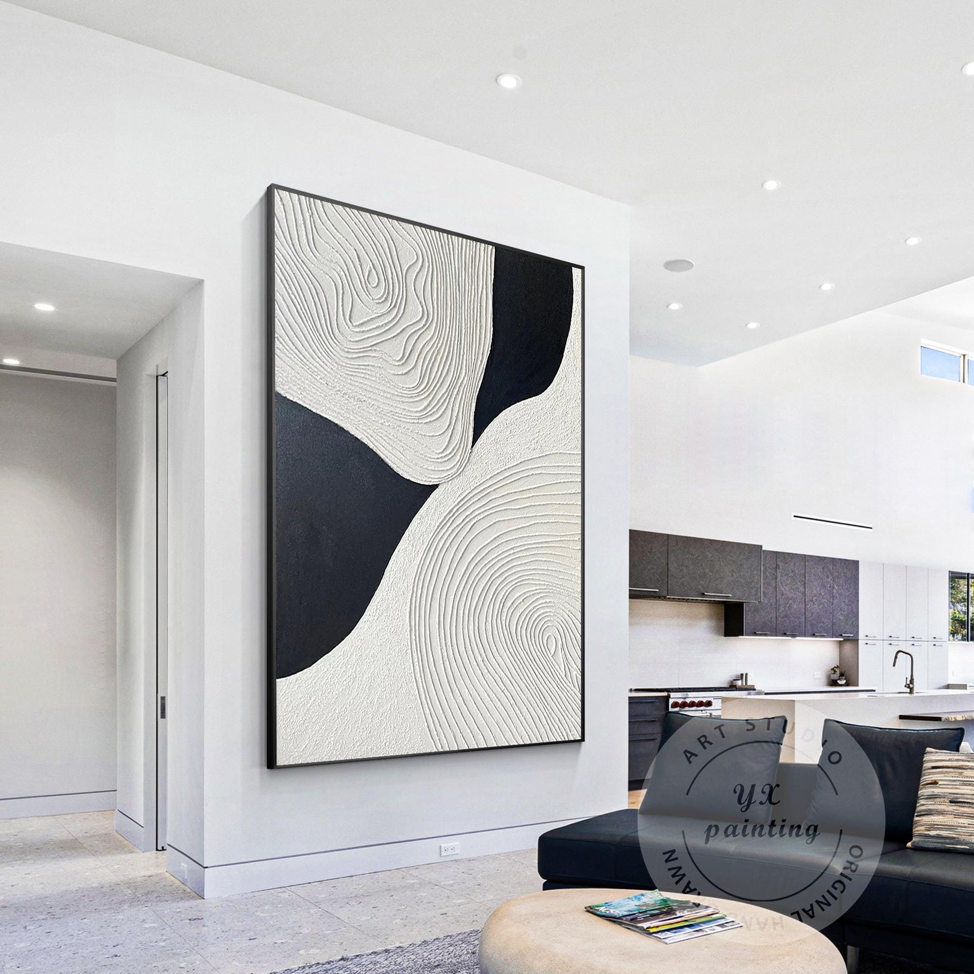 Textured Black and White Abstract Painting: Handmade Relief Canvas Art #2
