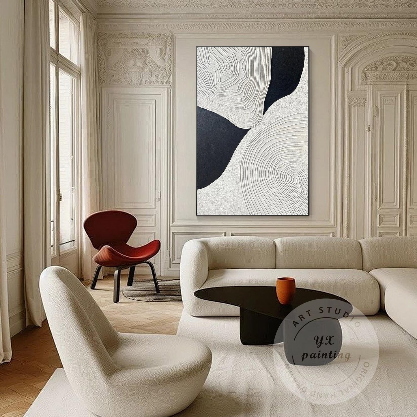 Textured Black and White Abstract Painting: Handmade Relief Canvas Art #4