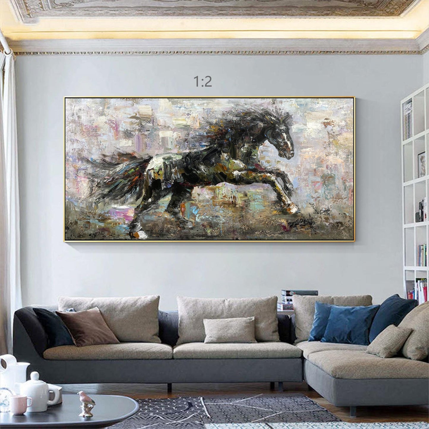 Textured Black Horse Painting: Extra Large Horizontal Framed Wall Art #2