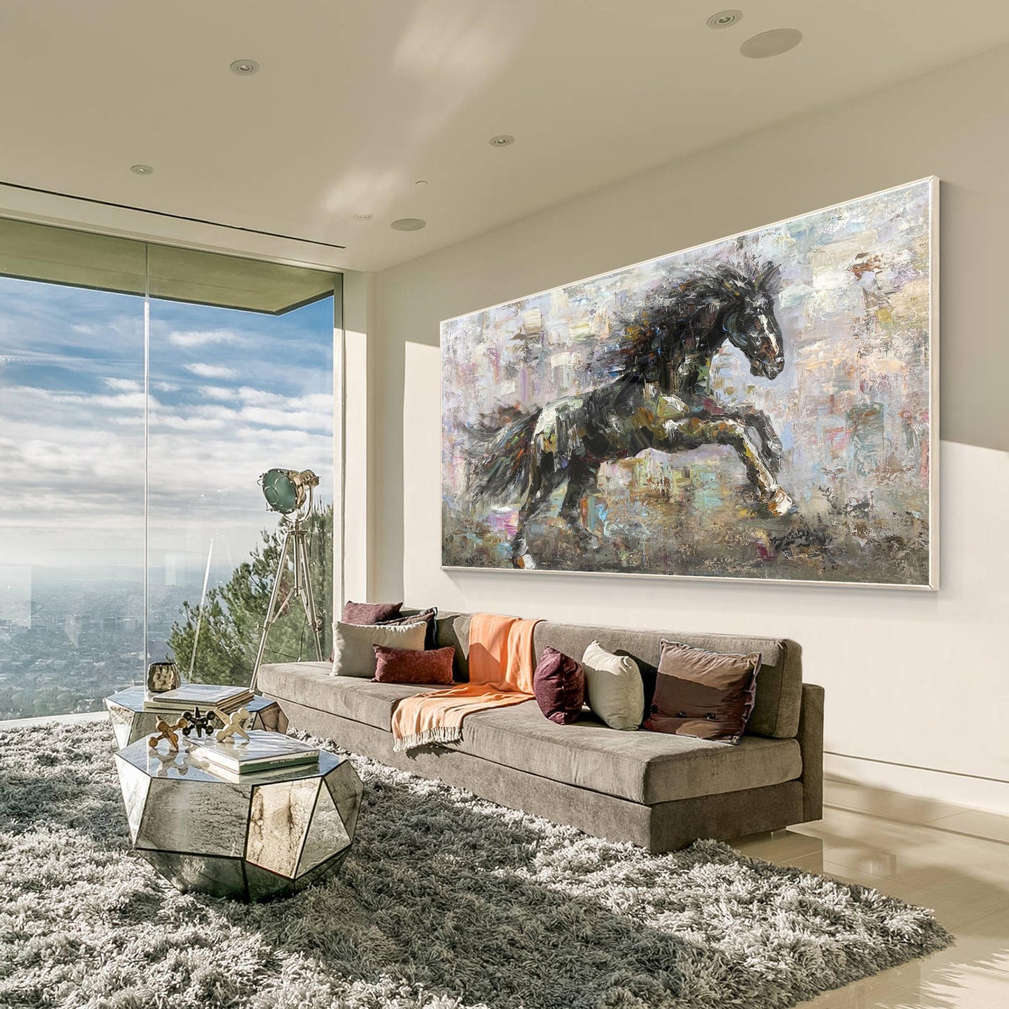 Textured Black Horse Painting: Extra Large Horizontal Framed Wall Art #3