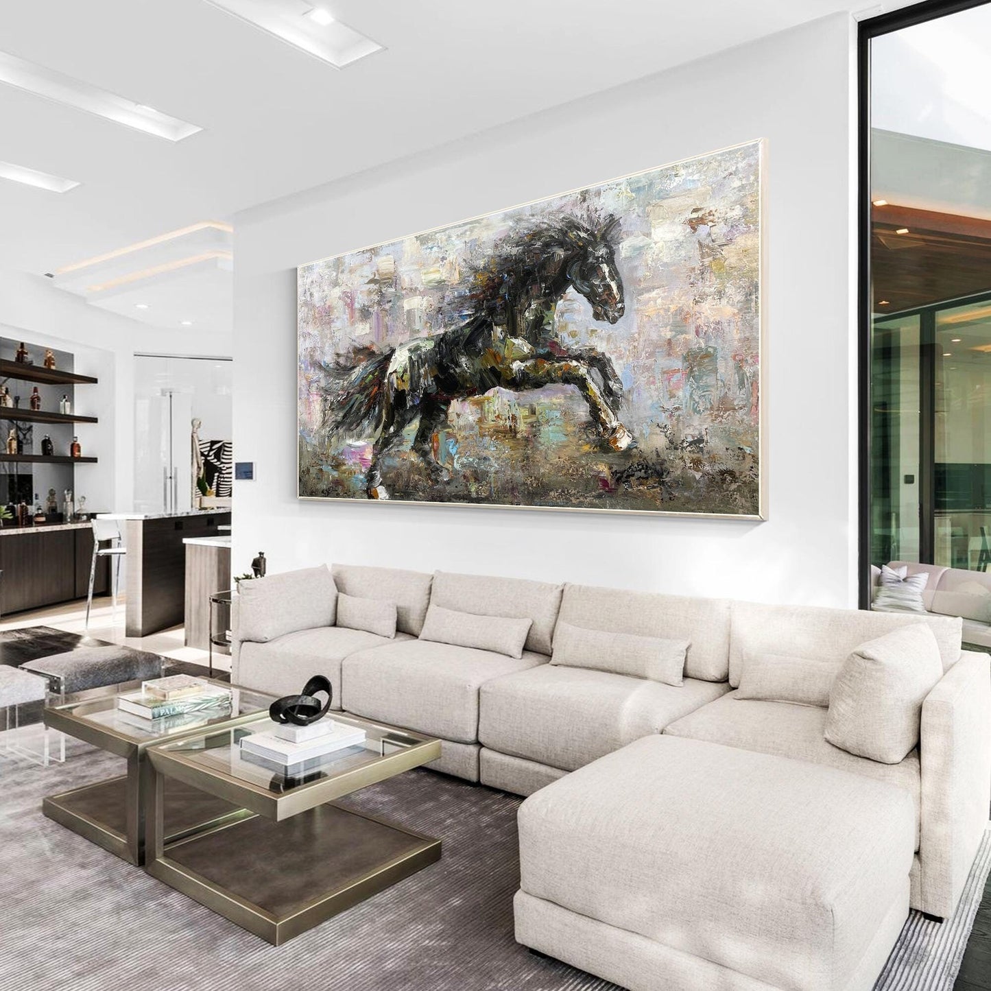 Textured Black Horse Painting: Extra Large Horizontal Framed Wall Art #4