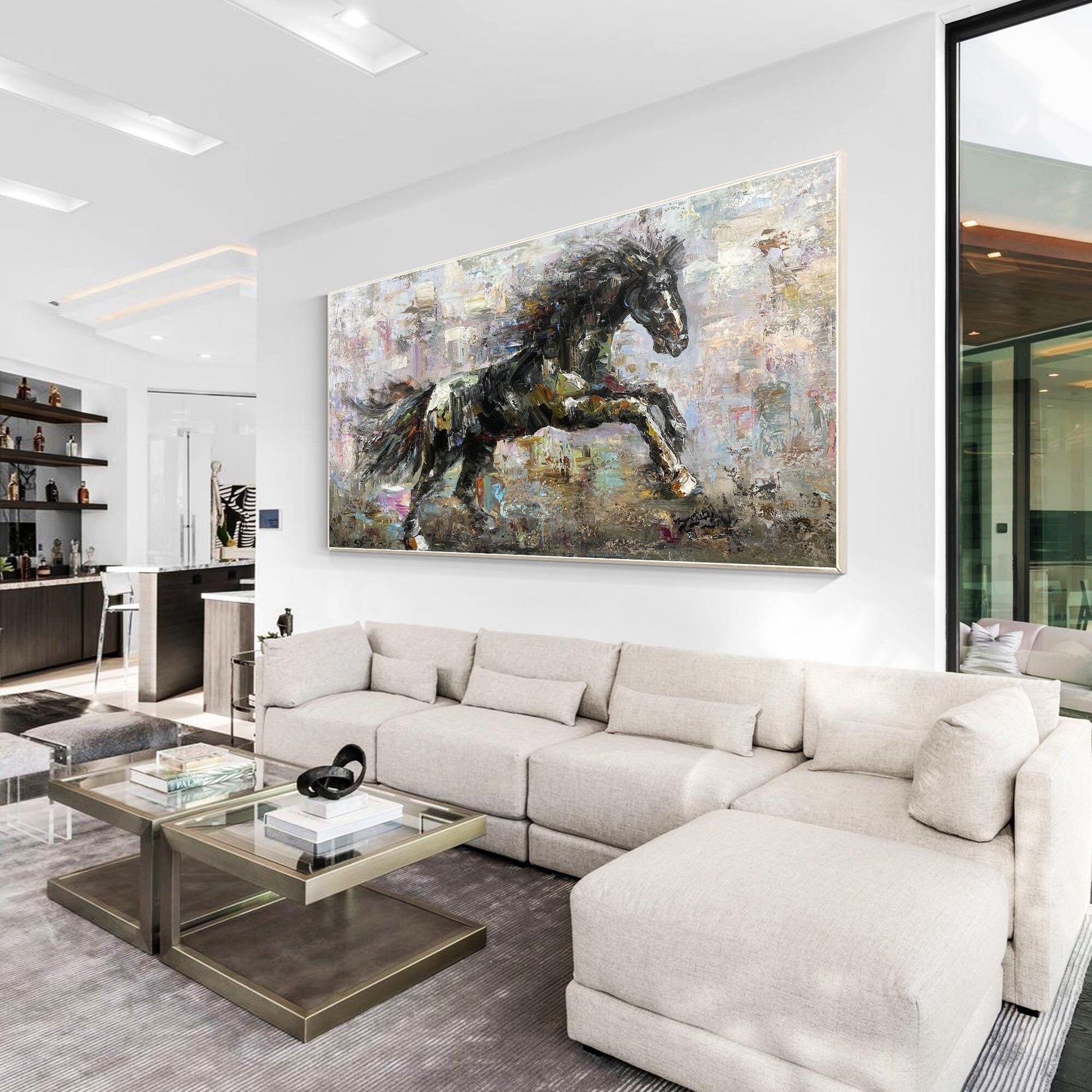 Textured Black Horse Painting: Extra Large Horizontal Framed Wall Art #4