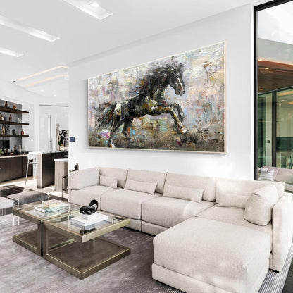 Textured Black Horse Painting: Extra Large Horizontal Framed Wall Art #4
