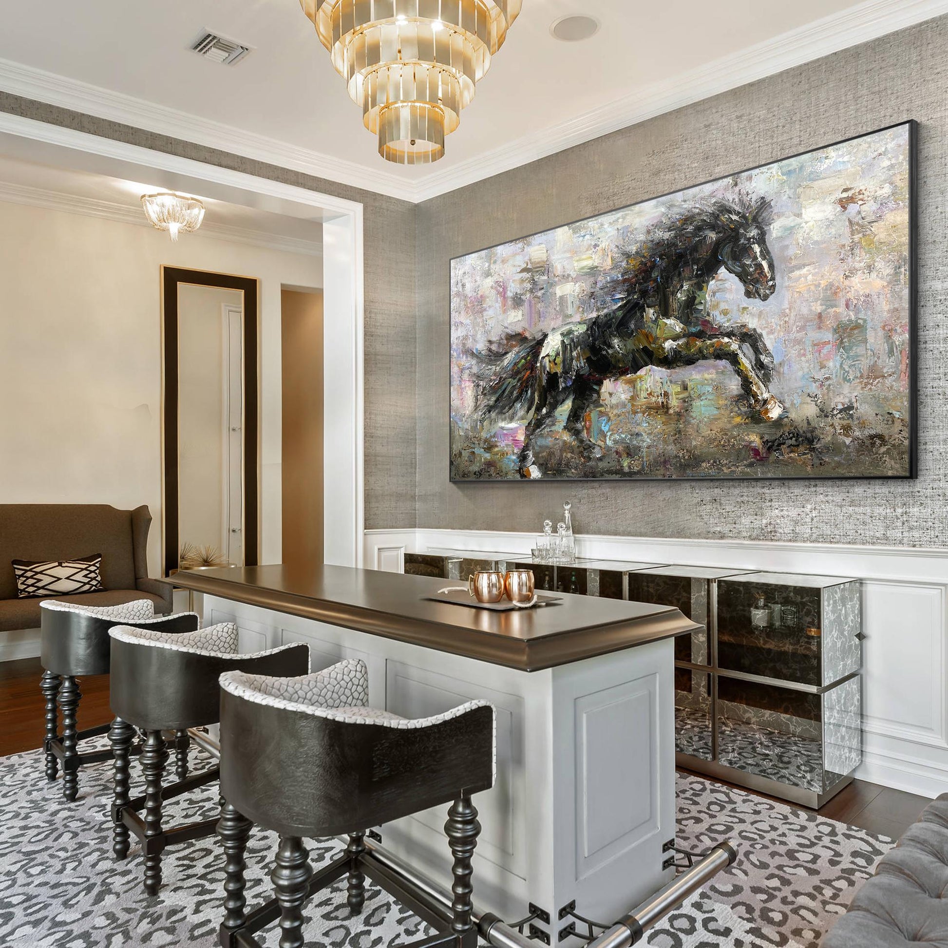 Textured Black Horse Painting: Extra Large Horizontal Framed Wall Art #5