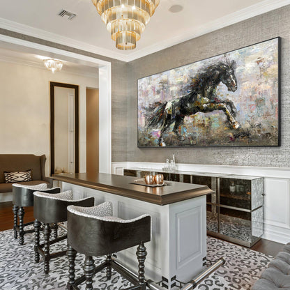 Textured Black Horse Painting: Extra Large Horizontal Framed Wall Art #5