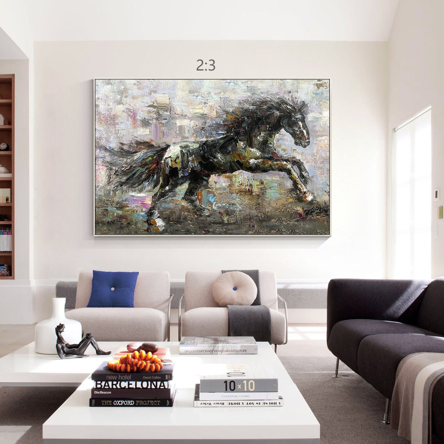 Textured Black Horse Painting: Extra Large Horizontal Framed Wall Art #6