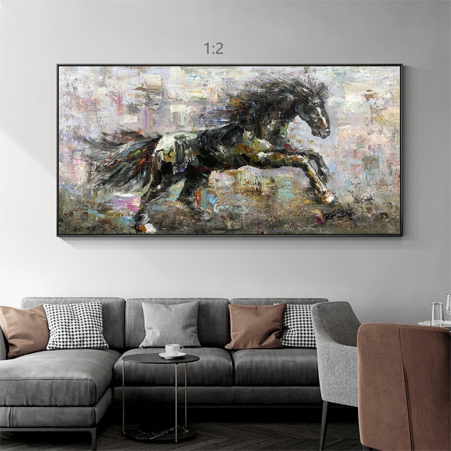 Textured Black Horse Painting: Extra Large Horizontal Framed Wall Art #1