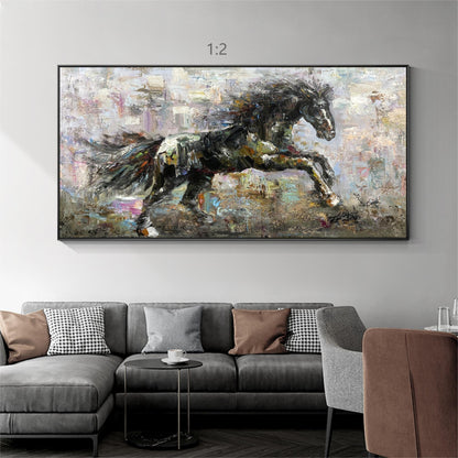 Textured Black Horse Painting: Extra Large Horizontal Framed Wall Art #1