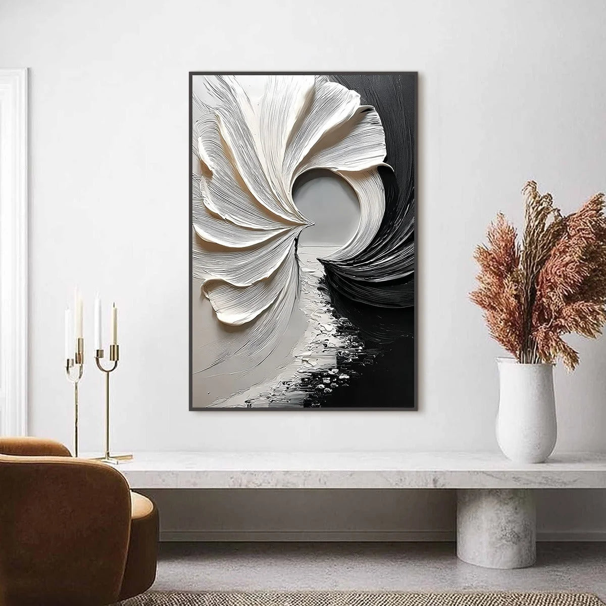 CONVERGENCE: Textured Black and White Abstract Impasto Painting | Abstract closeup, raised brushwork detail
