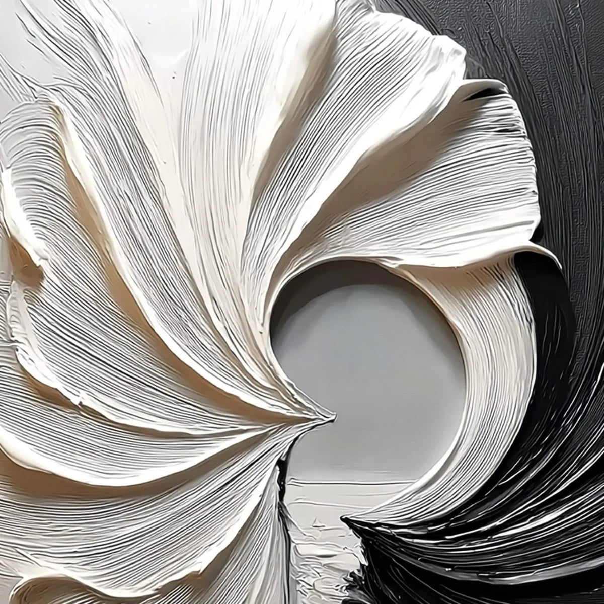 CONVERGENCE: Textured Black and White Abstract Impasto Painting | rectangular format, hand-painted canvas edge