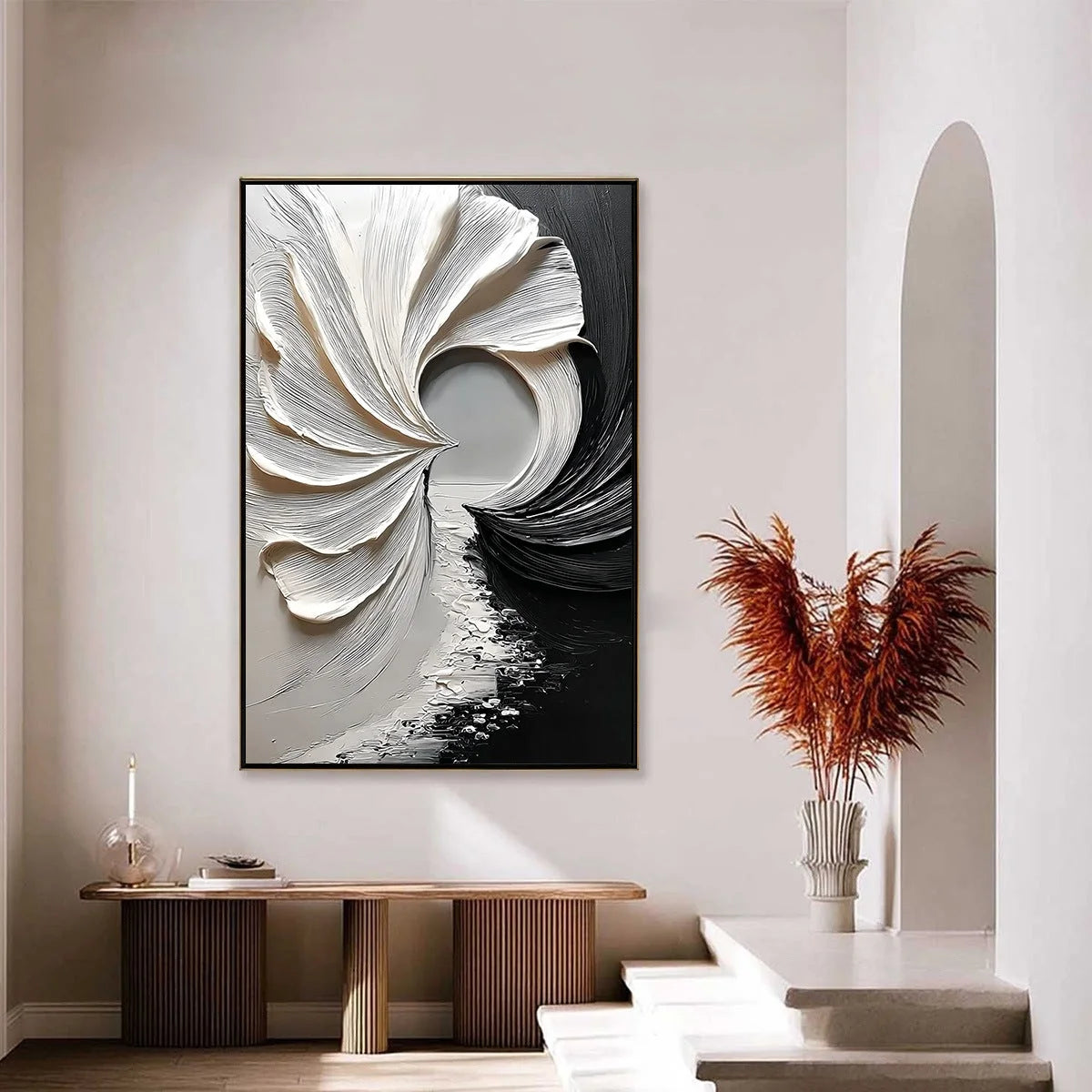 CONVERGENCE: Textured Black and White Abstract Impasto Painting | gold frame stretched on neutral wall