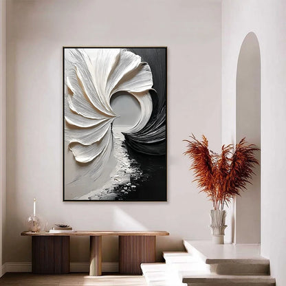 CONVERGENCE: Textured Black and White Abstract Impasto Painting | gold frame stretched on neutral wall