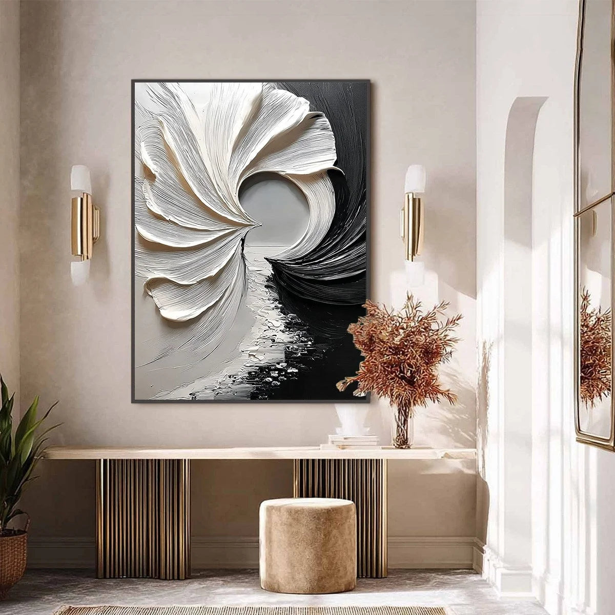 CONVERGENCE: Textured Black and White Abstract Impasto Painting | rolled canvas, ready for custom framing