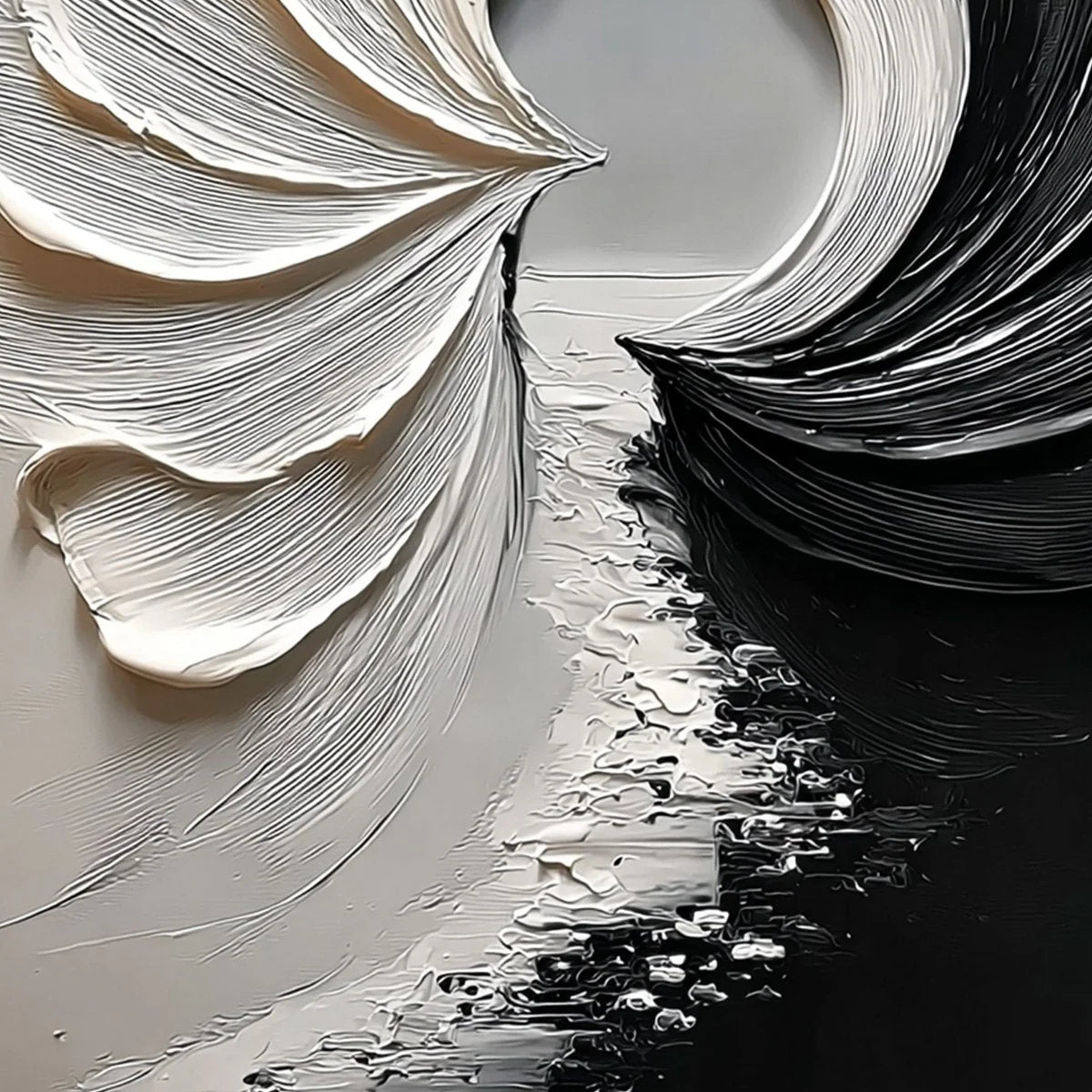CONVERGENCE: Textured Black and White Abstract Impasto Painting | black frame version on white wall