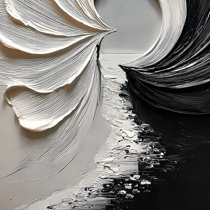 CONVERGENCE: Textured Black and White Abstract Impasto Painting | black frame version on white wall