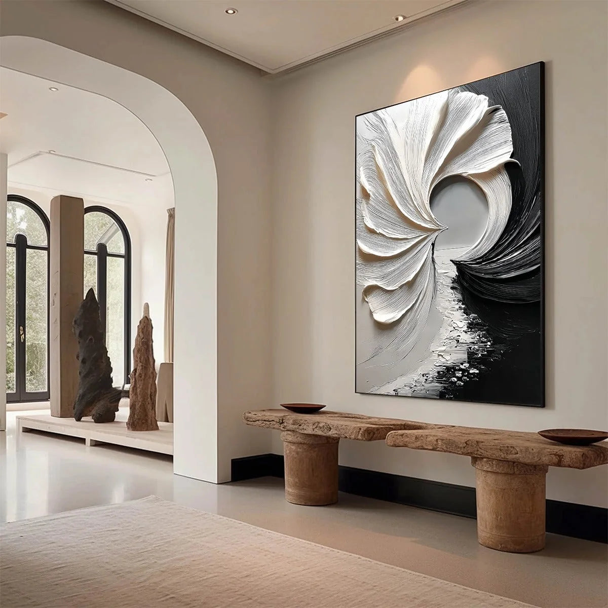 CONVERGENCE: Textured Black and White Abstract Impasto Painting | Abstract mood, soft natural light studio shot