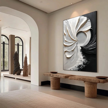 CONVERGENCE: Textured Black and White Abstract Impasto Painting | Abstract mood, soft natural light studio shot