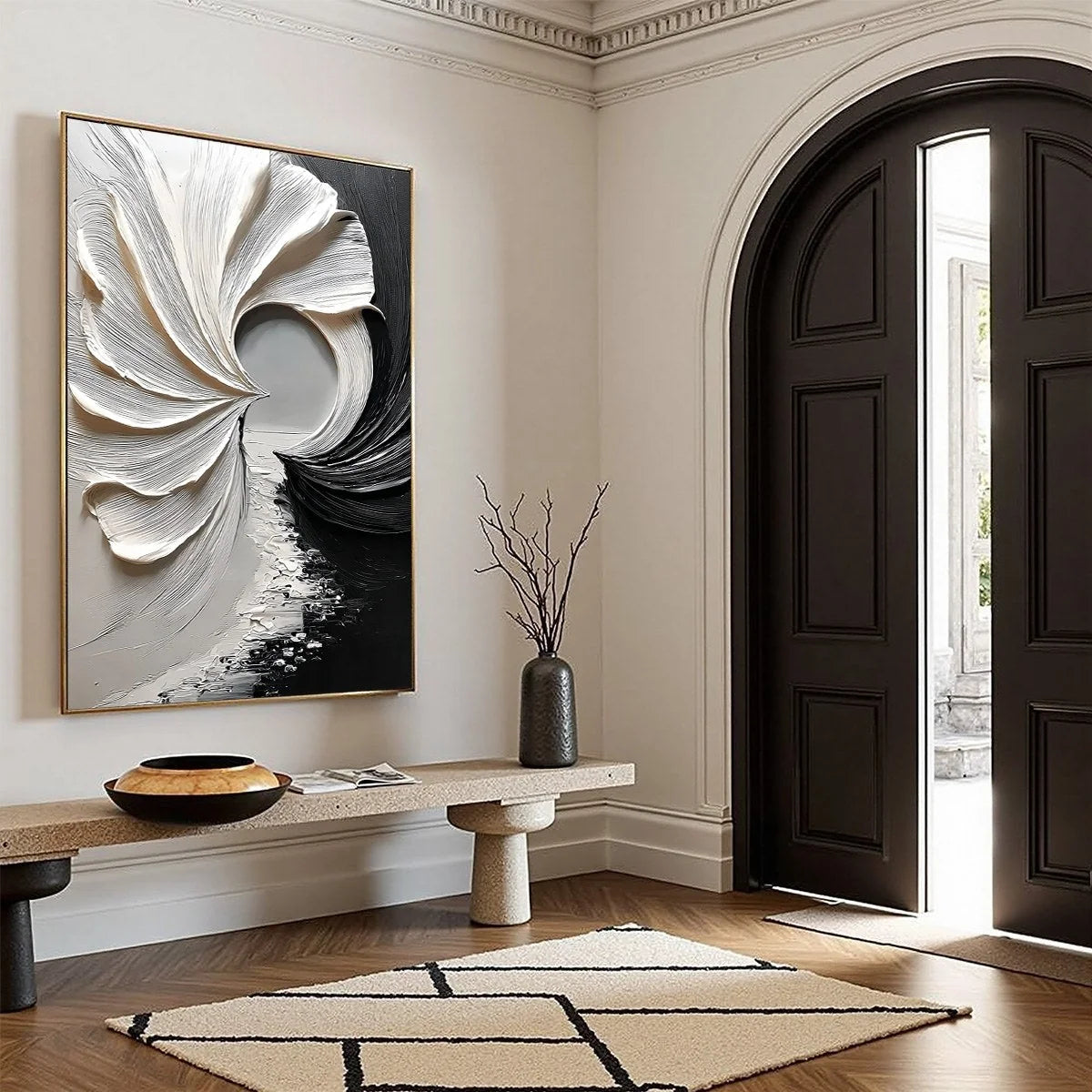 CONVERGENCE: Textured Black and White Abstract Impasto Painting | beige palette, original Hand-painted on premium stretched canvas using artist-grade oils; rich layered surface combines smooth grad...