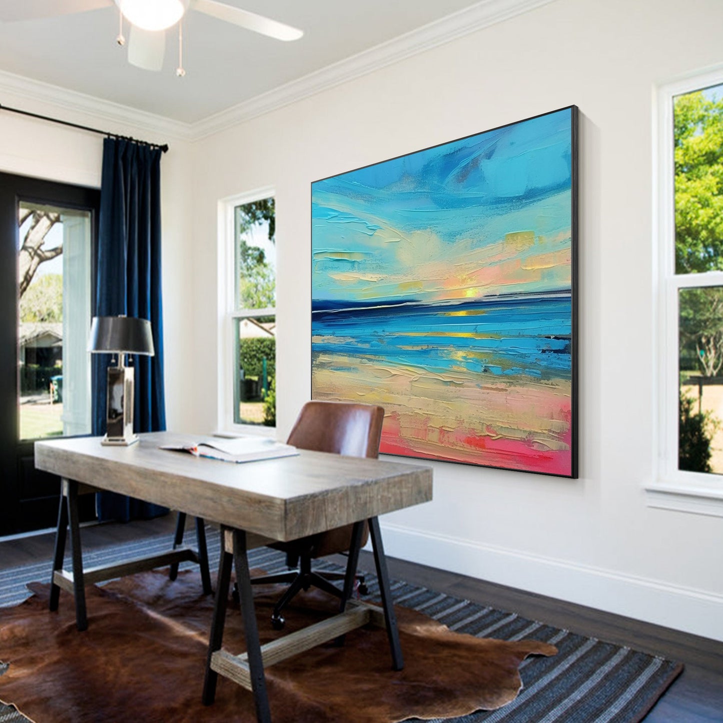Textured Blue Seascape Painting: Abstract Coastal Sunrise Wall Art #2
