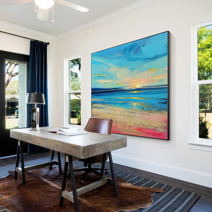 Textured Blue Seascape Painting: Abstract Coastal Sunrise Wall Art #2