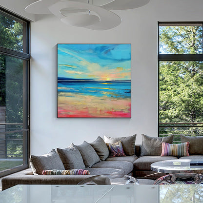 Textured Blue Seascape Painting: Abstract Coastal Sunrise Wall Art #3