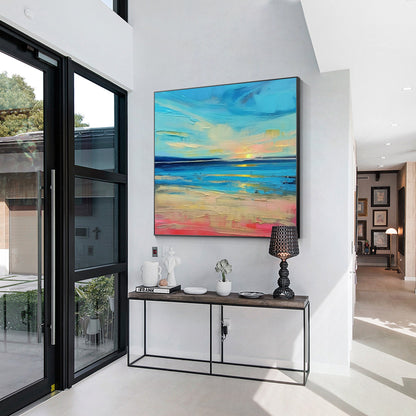 Textured Blue Seascape Painting: Abstract Coastal Sunrise Wall Art #4