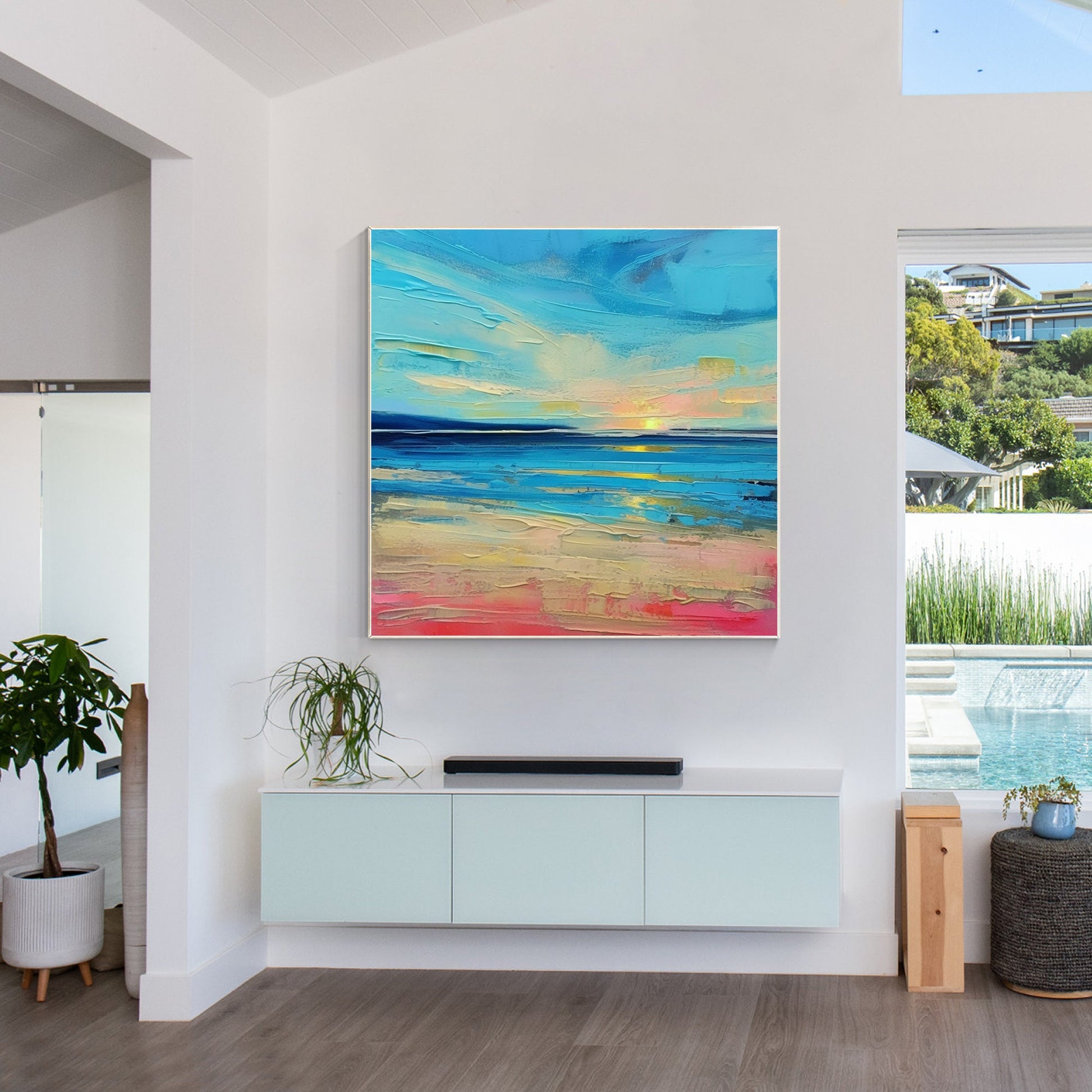 Textured Blue Seascape Painting: Abstract Coastal Sunrise Wall Art #5