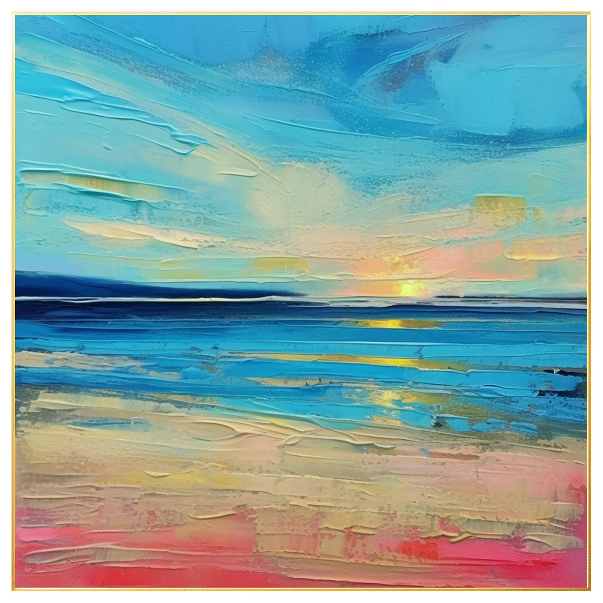 Textured Blue Seascape Painting: Abstract Coastal Sunrise Wall Art #7