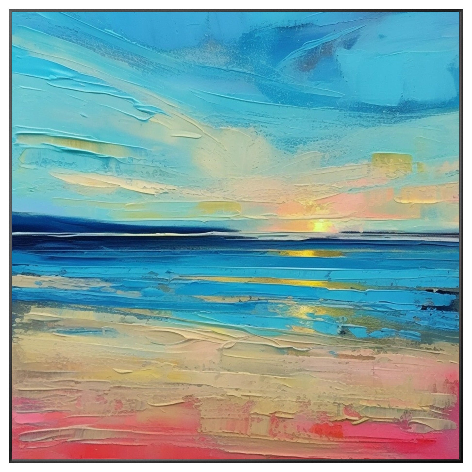 Textured Blue Seascape Painting: Abstract Coastal Sunrise Wall Art #9