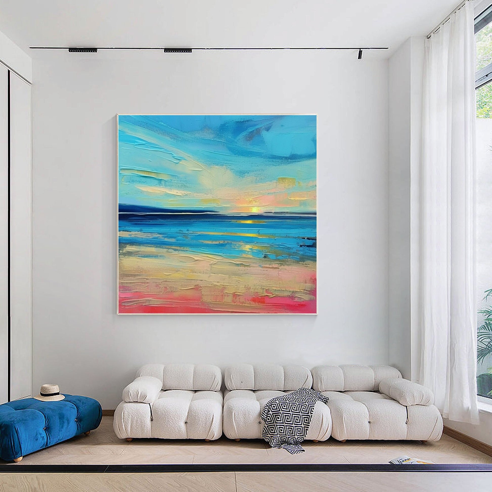 Textured Blue Seascape Painting: Abstract Coastal Sunrise Wall Art #1