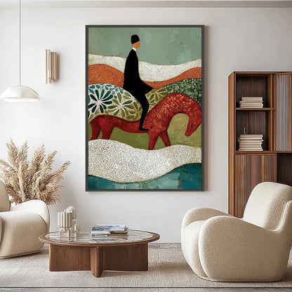 THE SILENT JOURNEY: Textured Boho Figurative Painting of a Traveler's Journey | gold frame stretched on neutral wall
